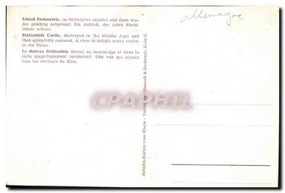 Schloss Stolzenfels — castelo sobre o Reno — editor Astudin-Karten vom Rhein — Verso