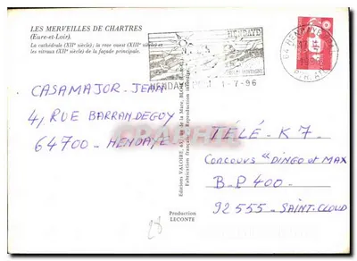 Chartres — Katedra (XII wiek) ; roza zachodnia (XIII wiek) i szyby w głównym frontonie — Éditions Valoire & Cie — Rewers