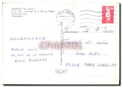 Chartres — Zegar Wieży Chórnej — Wydawca Combier Imprimeur, n° 1025 — Rewers