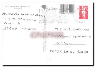 Castelos da Charente — Angoulême, Cognac, Barbezieux, La Rochefoucauld — Edição Bilhete postal antigo — Verso