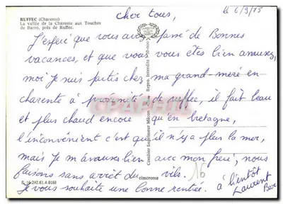 Wąwóz rzeki Charente, blisko Ruffec — wydawca Cinq, nr 16 — Rewers