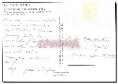 Roquebrune-Cap-Martin — Vista da praia e Menton — L. LARCAN, Impressor, Villeneuve — Verso