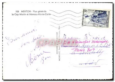 Menton — Vista geral do Cap Martin e Monaco-Monte-Carlo — Edições d'Art Munier, n°106 — Verso