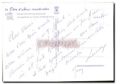 Vista geral do Porto e Monte-Carlo — Principado de Mônaco — Éd. A. Rion, 115, Av. St Lambert, 06000 Nice — Verso