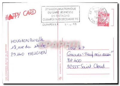 Karta pocztowa Happy Card — 3. Salon Multilingwistyczny Książki w Bretanii — Quimper 1995 — Rewers