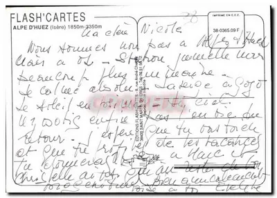 Alpe d'Huez — Panoramablick und Skifahrer auf der Seilbahn — Flash'Cartes Editions — Rückseite