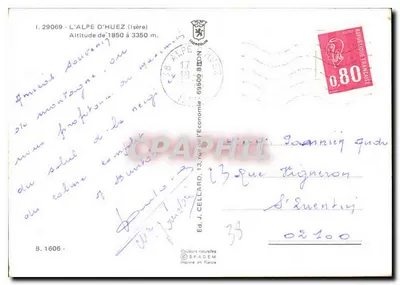 L'Alpe d'Huez — widok panoramiczny z teleferyką i kwiatami — Wyd. J. Cellard, nr 1606 — Rewers