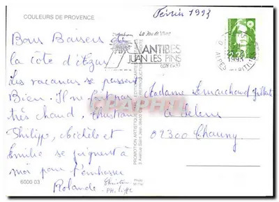 Cena de aldeia provençal — três personagens em traje tradicional — editor Craparhia, n° 6000 03 — Verso