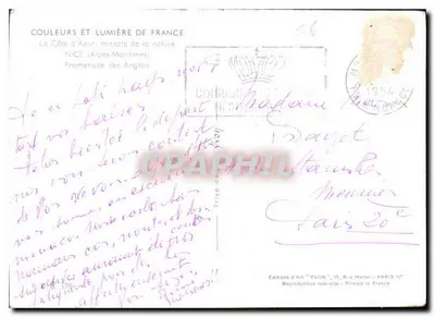 La Côte d'Azur — Promenade des Anglais — Wydawnictwo YVON — Rewers
