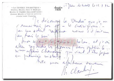 Moulin de Raire (Sallertaine) — Ultimo mulino a vento in attività — Editore: La Vendée Touristique, n° 85-032 — Verso