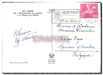 Jezioro Léman — Szwajcarska kobieta w stroju narodowym i Zamek Chillon — Éditions Jaeger Genève, n°720 — Rewers