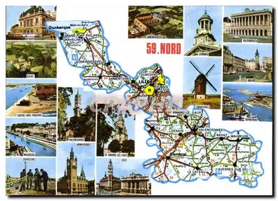 Norte — Carta turística com vista de Dunkerque, Lille, Cambrai e outras cidades — Éditions et Impressions Combier / Mâcon
