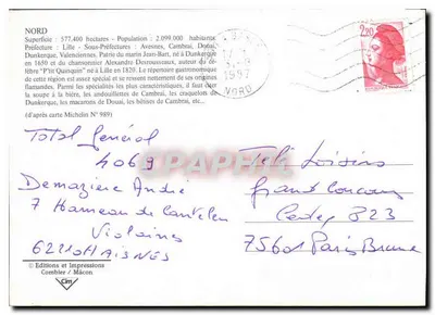 Norte — Carta turística com vista de Dunkerque, Lille, Cambrai e outras cidades — Éditions et Impressions Combier / Mâcon — Verso