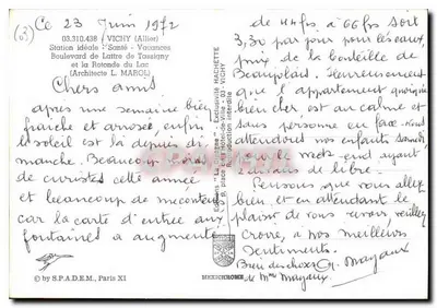 Vichy — Idealna stacja - Zdrowie - Wypoczynek, bulwary de Lattre de Tassigny i Rotunda Jeziora — Wydawnictwo 'La Gorgone' - nr 03.310.438 — Rewers