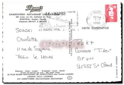 Dunn's Famous Delicatessen — Restauracja w Montrealu — wydawca W. Schermer, nr 4795 — Rewers