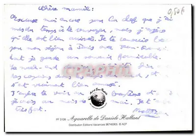 Krzesło z rynki w kwietnym ogrodzie — Aquarelka Danièle Hallant — Distribution Art et Eau Potable — Rewers
