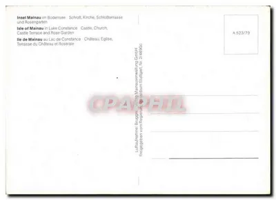 Wyspa Mainau — Zamek, kościoł, taras i ogród róży — wydawca Brugger, Verlag Mainauverwaltung GmbH, nr A 523/79 — Rewers