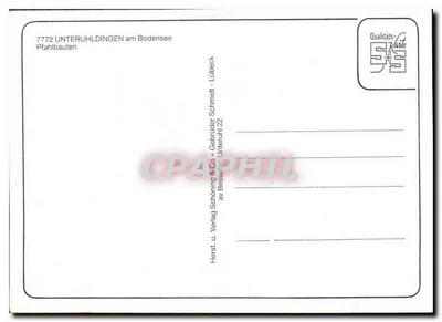 Konstrukcje na palach na jeziorze Bodensko — Unteruhldingen — wydawca: Verlag Sohöning & Co + Gebrüder Schmidt, Lübeck — Rewers