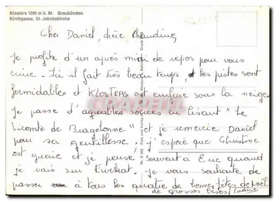 Klosters — aldeia nevada com sino e trenó — A. Käsper, Klesters-Dorf — Verso