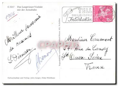Most Langwieser — z linią Arosa — wydawca Jules Geiger, Flims-Waldhaus, n° C 3217 — Rewers