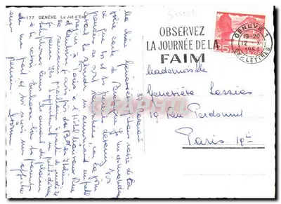 Genebra — O Jato d'Água — Bilhete postal antigo n°177 — Verso