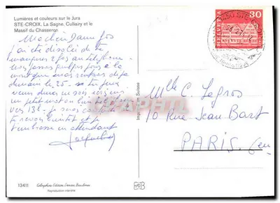 Vue aérienne enneigée de Ste-Croix — Massif du Chasseron — Édition Deriaz Baulonnes — Verso