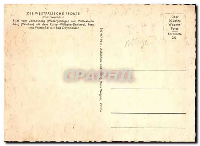 Widok Jakobsberg (Wesergebirge) — z pomnikiem cesarza Wilhelma i Werre-Tal po lewej — wydawca Die Westfälische Pforte, seria Farbkarte 222 — Rewers