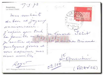 Zamek Rossinière — Szwajcaria — Wydrukowane w Szwajcarii przez Fassal SA Zurych — Rewers