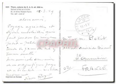 Thyon, cabana do C.A.S. alt. 2028 m. — Edição Perrochet — n° 02 — Verso