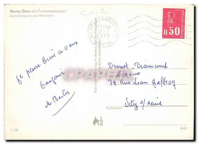 Maria Gern mit Funtenseetauern — Schönfeldspitze und Watzmann — Aufnahme- und Verlag H. Ammon, 824 Bardachweg — Rewers
