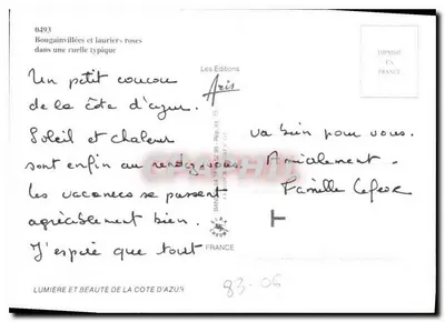 Bougainvillées e lauriers rosados em uma rua típica — Côte d'Azur — Les Editions Aris, n° 0493 — Verso