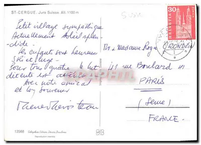 St-Cergue, Jura Suiça — aldeia nevada com esquiadores — Impressora Suiça, n° 12568 — Verso