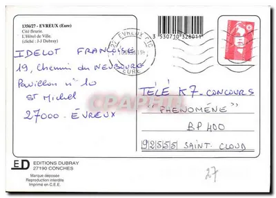 Evreux — Hotel de Ville — Edições Dubray, n°1356/27 — Verso