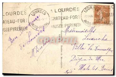 Lourdes - A Basílica e as Pirineus — Bilhete postal antigo n°189 — Verso
