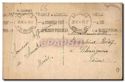 Estátua da Virgem Coroada — Lourdes — editor Deruot — Verso