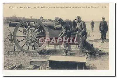 Mise en batterie de pièces d'artillerie lourde de 155 court — La Grande Guerre 1914-15 — A.R. — n° 170