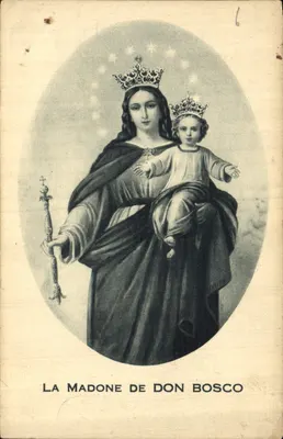 La Madone de Don Bosco — représentation de la Vierge à l'Enfant couronnée, tenant un bâton croisé — Éditeur : Éditions Dillen, Paris