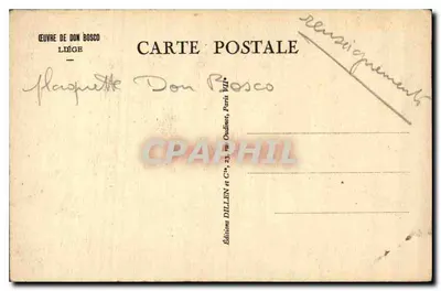 La Madone de Don Bosco — représentation de la Vierge à l'Enfant couronnée, tenant un bâton croisé — Éditeur : Éditions Dillen, Paris — Verso