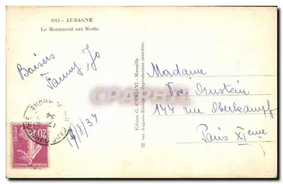 Aubagne — Pomnik Upamiętniający Zmarłych — Wydawnictwo G. Candini, Marsylia — Rewers