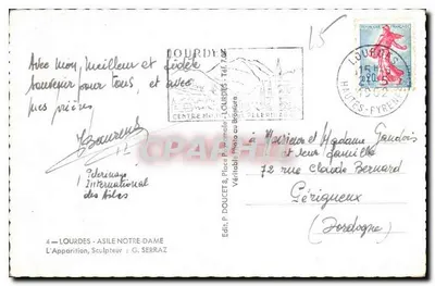 Lourdes - Widok zjawienia Najświętszej Panny Maryi — Rzeźbiarz G. Serraz, wydawca P. Doucet — Rewers