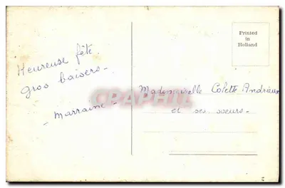 Menina sorridente com coroa de flores — segurando buquê — impressa na Holanda — Verso