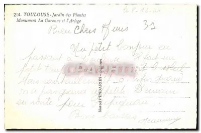 Toulouse - Tuin van de Planten - Monument La Garonne en Ariège — uitgever COLY, n° 214 — Achterkant