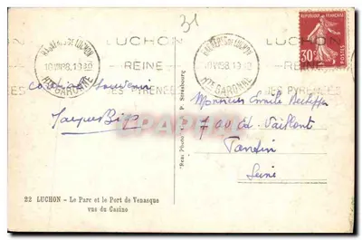 Park i port w Venasque — widok z kasyna — Luchon — wydawca Réa, Strasbourg, nr 22 — Rewers