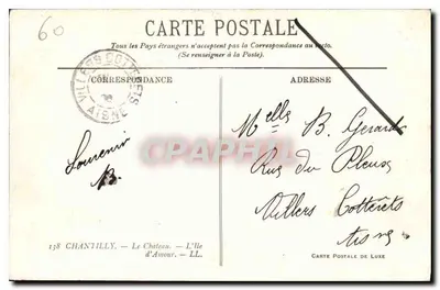 O Castelo do Amor — Chantilly — Carte Postale de Luxe — Verso