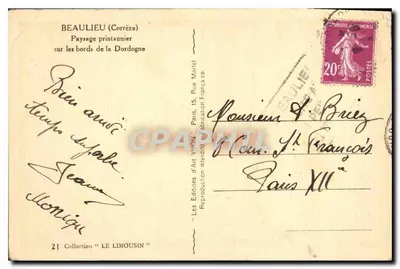Beaulieu (Corrèze) — Paisaje primaveral junto a las orillas de la Dordogne — Le Editions d'Art Yvon, Colección 'Le Limousin', n°21 — Reverso