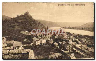 Braubach com a Marksburg — vista panorâmica do vilarejo e do castelo na colina — editor K.R.B. n°4:8