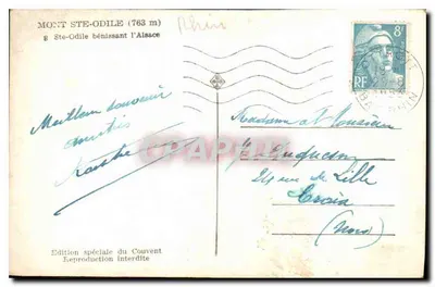 Mont Ste-Odile (763 m) — statua św. Odile błogosławiającej Alzasko — wydanie specjalne klasztoru — Rewers