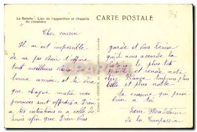La Salette — Local da aparição e capela do cemitério — Editor G. Oddoux, Grenoble — Verso