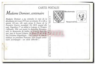 Madame Domeur, centenária — Saligny-sur-Roudon, Allier — Edição Bardet & Saliguy, n° não visível — Verso