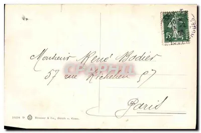 Paisagem de montanha com árvores — vista de Paris, datada 13/2/1908 — editor Brunner & Co., Zürich u. Como. — Verso